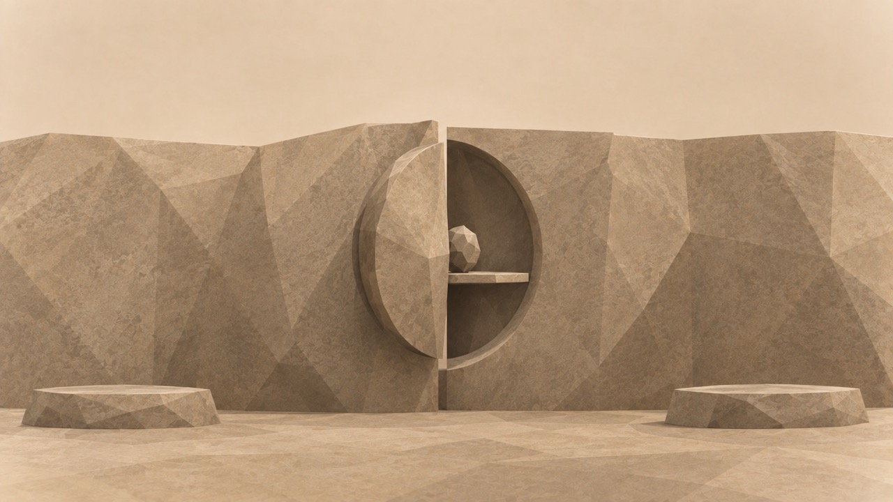 Ilustración en tonos papiro y grafito, de estética poligonal. En un muro alto de piedra, un torno giratorio sostiene una pequeña forma abstracta visible desde ambos lados; una etiqueta desmontable cuelga hacia uno de ellos y dos bases vacías esperan a cada lado.