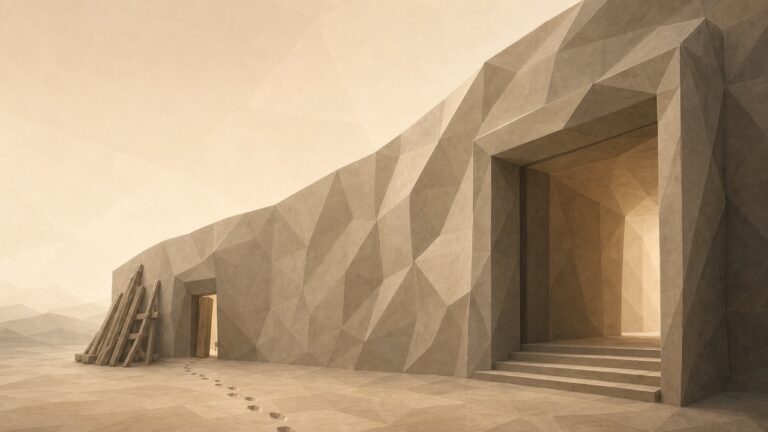 Ilustración en tonos papiro y grafito, de estética poligonal y vista a ras de suelo. A la derecha, un gran salón de piedra terminado con la entrada abierta e iluminada; a la izquierda, una puerta lateral entornada y un andamio recogido. Unas huellas van de la entrada ancha a la puerta pequeña.