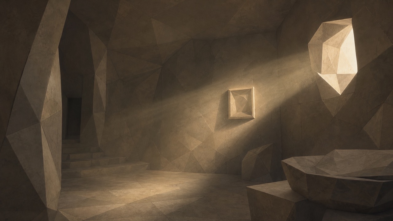 Ilustración monumental en tonos papiro cálido y grafito, con estética poligonal de piedra tallada, vista oblicua del interior de una vivienda, de ánimo grave. Dentro de un vasto interior doméstico de piedra facetada que lleva mucho tiempo cerrado y a oscuras, sellado y quieto, un pequeño objeto enmarcado cuelga de una pared: algo que ha estado ahí sin ser visto durante generaciones. Ahora se ha abierto en uno de los muros, desde fuera, una gran abertura o lente, y a través de ella un único haz de luz cálida cae justo y solo sobre ese pequeño marco, atrapándolo, volviéndolo de pronto visible tras su largo ocultamiento, mientras el resto de la sala permanece en sombra. La luz no busca: cayó allí casi por casualidad, por una apertura hecha con otro propósito. El objeto largamente oculto queda al descubierto un instante. El tono es grave y sereno.