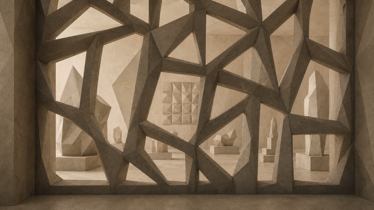 Ilustración en tonos papiro y grafito. Tras una verja de piedra cerrada se ve una sala de exposición ya montada, con formas abstractas y maquetas, lista y vacía.