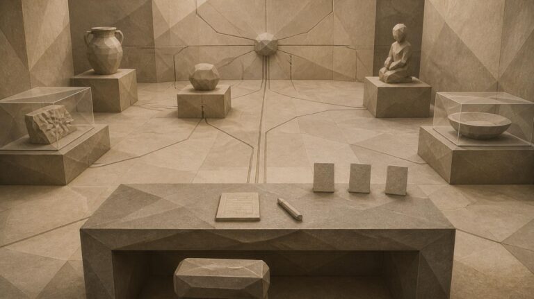 Ilustración en tonos papiro y grafito, de estética poligonal. Una sala de museo de piedra con pedestales y vitrinas atravesada por una red de surcos finos que conecta todas las piezas y converge en un bloque encajado en el muro del fondo. En primer plano, de cara a la sala, un escritorio con una pequeña tablilla en blanco, un punzón y tres tarjetas lisas en pie.