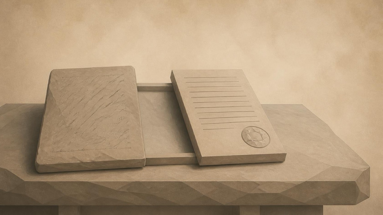 Illustration in papyrus and graphite tones, with a polygonal aesthetic. Two stone sheets emerge from the same half-open envelope: the one on the left, rough and with irregular lines; the one on the right, smooth, with a round seal and regular lines.