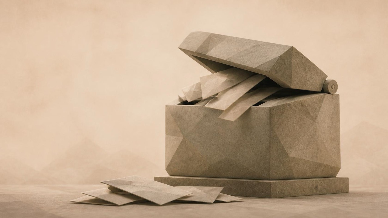 Ilustración en tonos papiro y grafito, de estética poligonal. Una gran caja de piedra con una ranura recibe varios pliegos doblados mientras su tapa se cierra a medias; delante, en el suelo, esperan otros pliegos.