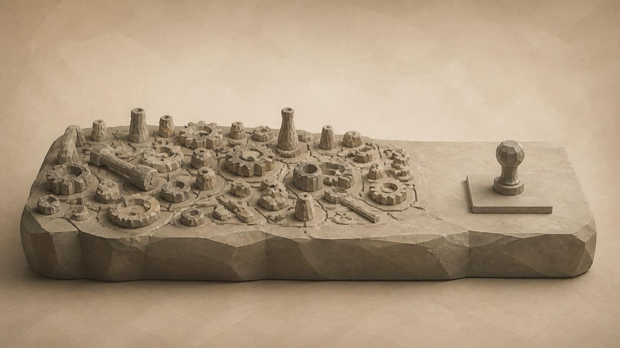 Ilustración en tonos papiro y grafito, de estética poligonal. Un banco de trabajo de piedra lleno de herramientas, moldes y piezas unidas por surcos; en un extremo, apartado, un sello pesado descansa sobre una tablilla en blanco.