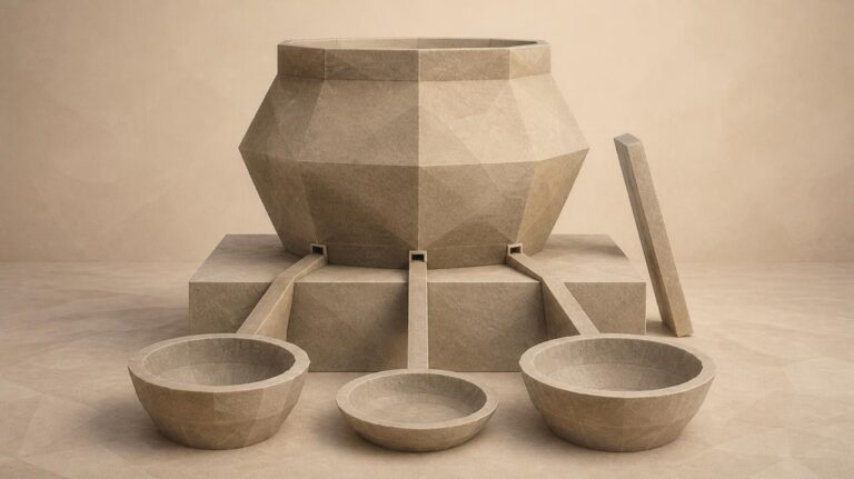 Ilustración en tonos papiro y grafito, de estética poligonal. Un gran recipiente de piedra sobre una peana en una sala; delante, tres cuencos unidos a él por pequeños canales, uno de ellos más superficial; una vara de medir apoyada en la peana.