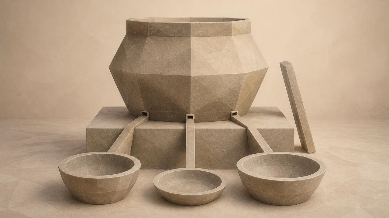 Ilustración en tonos papiro y grafito, de estética poligonal. Un gran recipiente de piedra sobre una peana en una sala; delante, tres cuencos unidos a él por pequeños canales, uno de ellos más superficial; una vara de medir apoyada en la peana.