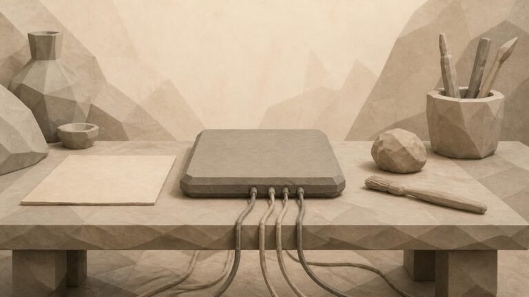 Ilustración en tonos papiro y grafito, de estética poligonal. Una mesa de clase de piedra con una hoja, arcilla y un pincel; de una tablilla central salen cables que cruzan el suelo.
