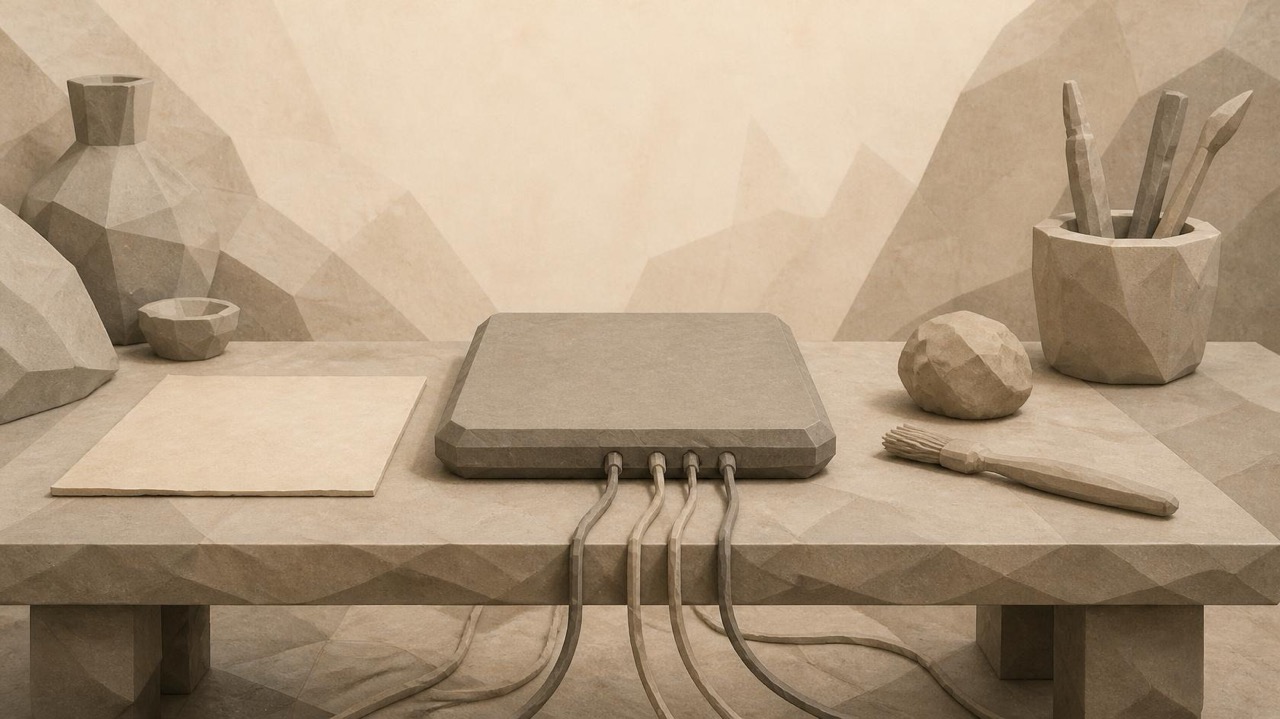 Ilustración en tonos papiro y grafito, de estética poligonal. Una mesa de clase de piedra con una hoja, arcilla y un pincel; de una tablilla central salen cables que cruzan el suelo.