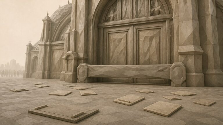 Ilustración en tonos papiro y grafito, de estética poligonal. La entrada de un gran pabellón de hierro y vidrio con las puertas cerradas y una valla delante; en la calle vacía, unas pancartas caídas boca abajo y, a lo lejos, la silueta de una multitud que se pierde en la bruma.