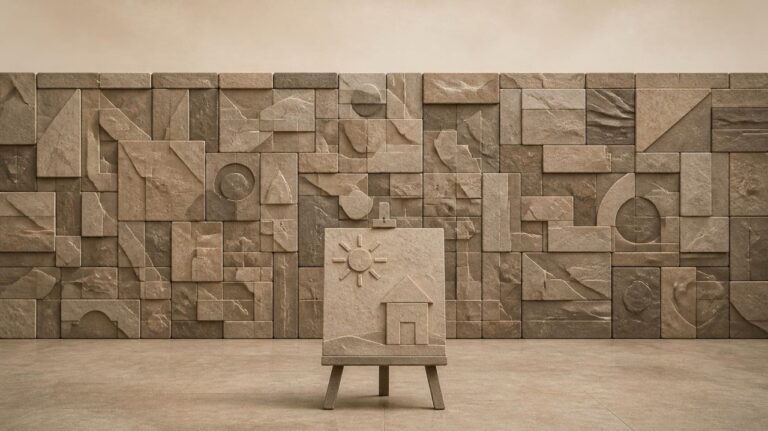 Ilustración en tonos papiro y grafito, de estética poligonal. Un muro bajo de piedra está cubierto de pequeños paneles en relieve; delante, un caballete sostiene un dibujo infantil de un sol y una casa.