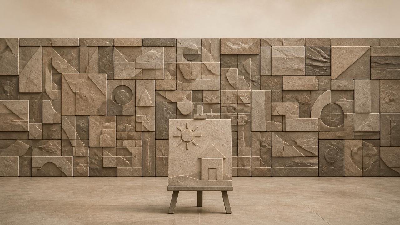 Ilustración en tonos papiro y grafito, de estética poligonal. Un muro bajo de piedra está cubierto de pequeños paneles en relieve; delante, un caballete sostiene un dibujo infantil de un sol y una casa.