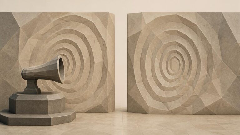 Ilustración en tonos papiro y grafito, de estética poligonal. A la izquierda, un cuerno de piedra sobre un pedestal emite ondas concéntricas talladas en un muro. A la derecha, en otro muro sin ninguna fuente delante, aparecen unas ondas idénticas, como un sonido copiado sin su origen.
