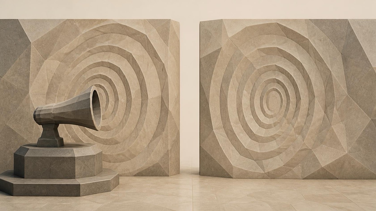 Ilustración en tonos papiro y grafito, de estética poligonal. A la izquierda, un cuerno de piedra sobre un pedestal emite ondas concéntricas talladas en un muro. A la derecha, en otro muro sin ninguna fuente delante, aparecen unas ondas idénticas, como un sonido copiado sin su origen.