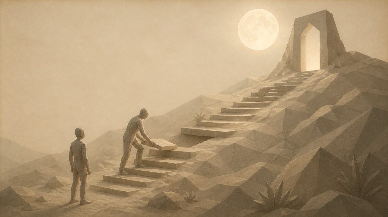 Figura de piedra al pie de una larga escalera de peldaños desiguales que sube hacia un arco abierto bajo una gran luna; en mitad del trayecto falta un escalón y otra figura coloca una losa para cubrirlo.