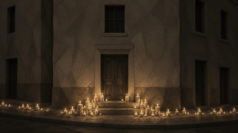 Ilustración en tonos papiro y grafito, de estética poligonal. Al caer la noche, la puerta cerrada de un edificio de viviendas antiguo; en el escalón y en la acera, decenas de velas encendidas, algunas formando una línea que se aleja calle abajo.