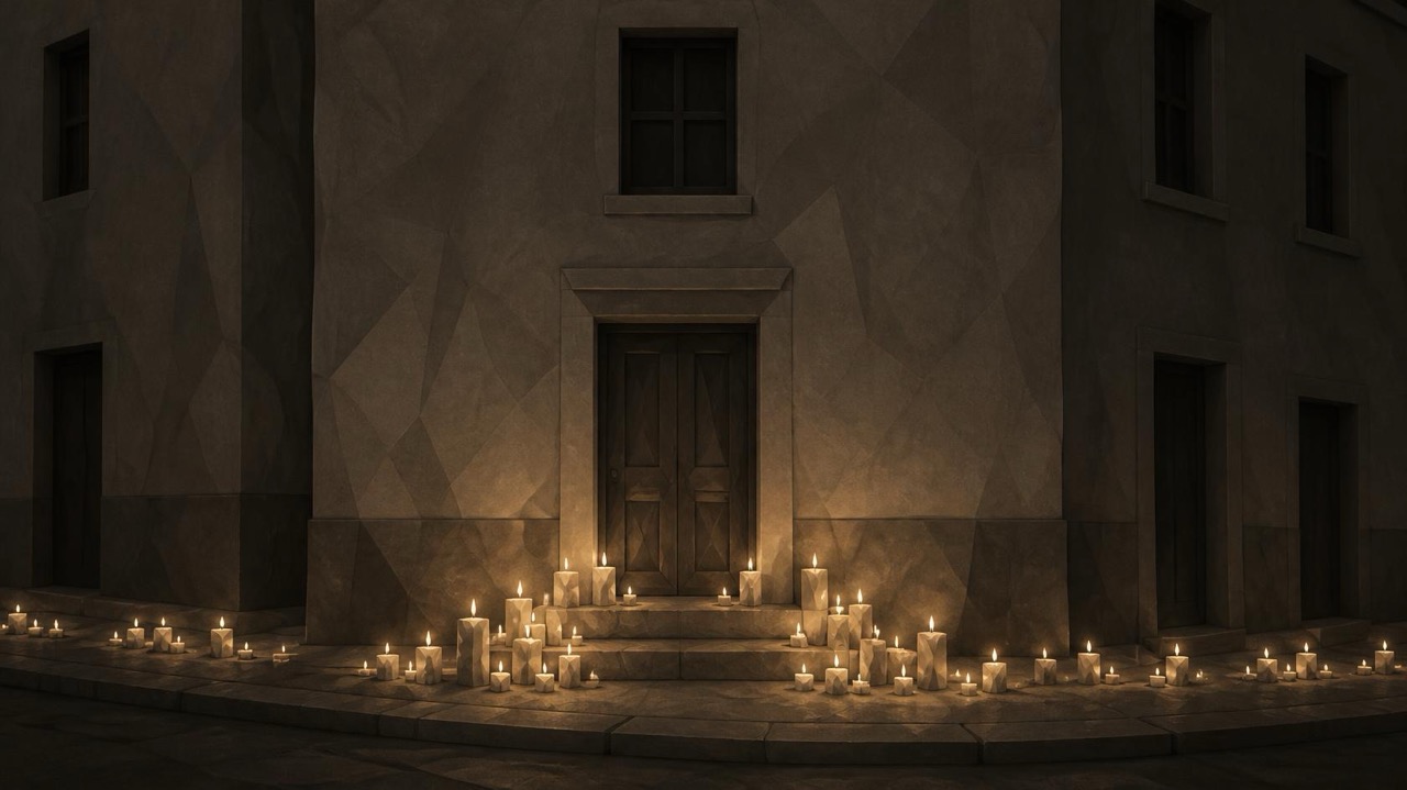 Ilustración en tonos papiro y grafito, de estética poligonal. Al caer la noche, la puerta cerrada de un edificio de viviendas antiguo; en el escalón y en la acera, decenas de velas encendidas, algunas formando una línea que se aleja calle abajo.