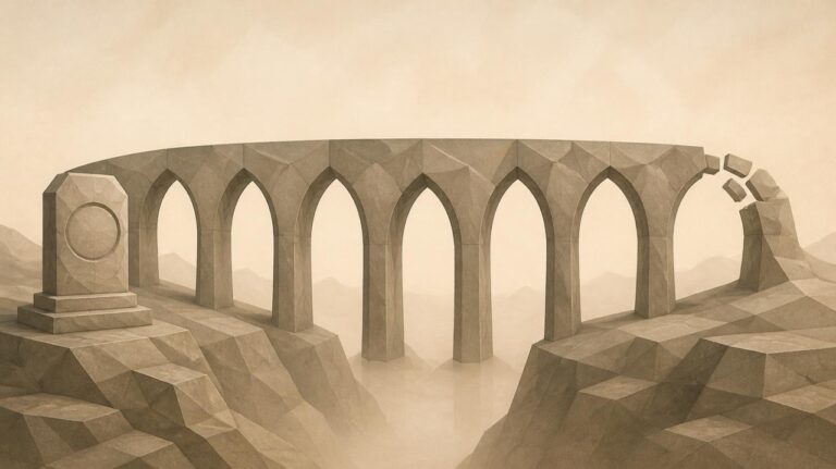 Ilustración en tonos papiro y grafito, de estética poligonal. Un puente de piedra de siete arcos; al último le faltan algunas piedras en lo alto, aunque sigue en pie. En una orilla, una tablilla con un sello sobre una peana.
