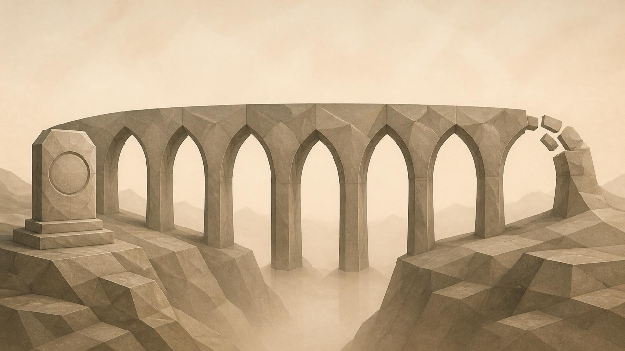 Ilustración en tonos papiro y grafito, de estética poligonal. Un puente de piedra de siete arcos; al último le faltan algunas piedras en lo alto, aunque sigue en pie. En una orilla, una tablilla con un sello sobre una peana.