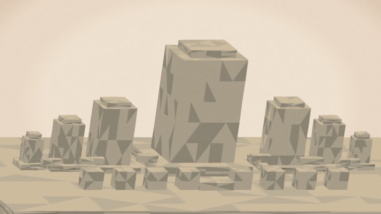 Ilustración en tonos papiro y grafito, de estética poligonal. Un gran bloque de piedra central sobre un pedestal, flanqueado por bloques más pequeños ordenados por tamaño, con una hilera de cubos pequeños delante.