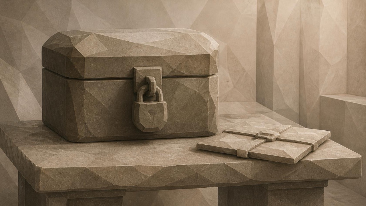 Ilustración en tonos papiro y grafito, de estética poligonal. Un cofre de piedra cerrado con un candado sobre una mesa en un estudio vacío; al lado, un documento sellado con una cinta, sin ninguna llave a la vista.