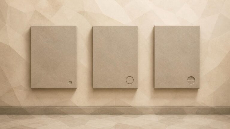 Ilustración en tonos papiro y grafito, de estética poligonal. Tres paneles de piedra iguales cuelgan en una pared, cada uno con una marca distinta en la esquina inferior: un punto, un círculo lleno y un círculo a medio llenar.