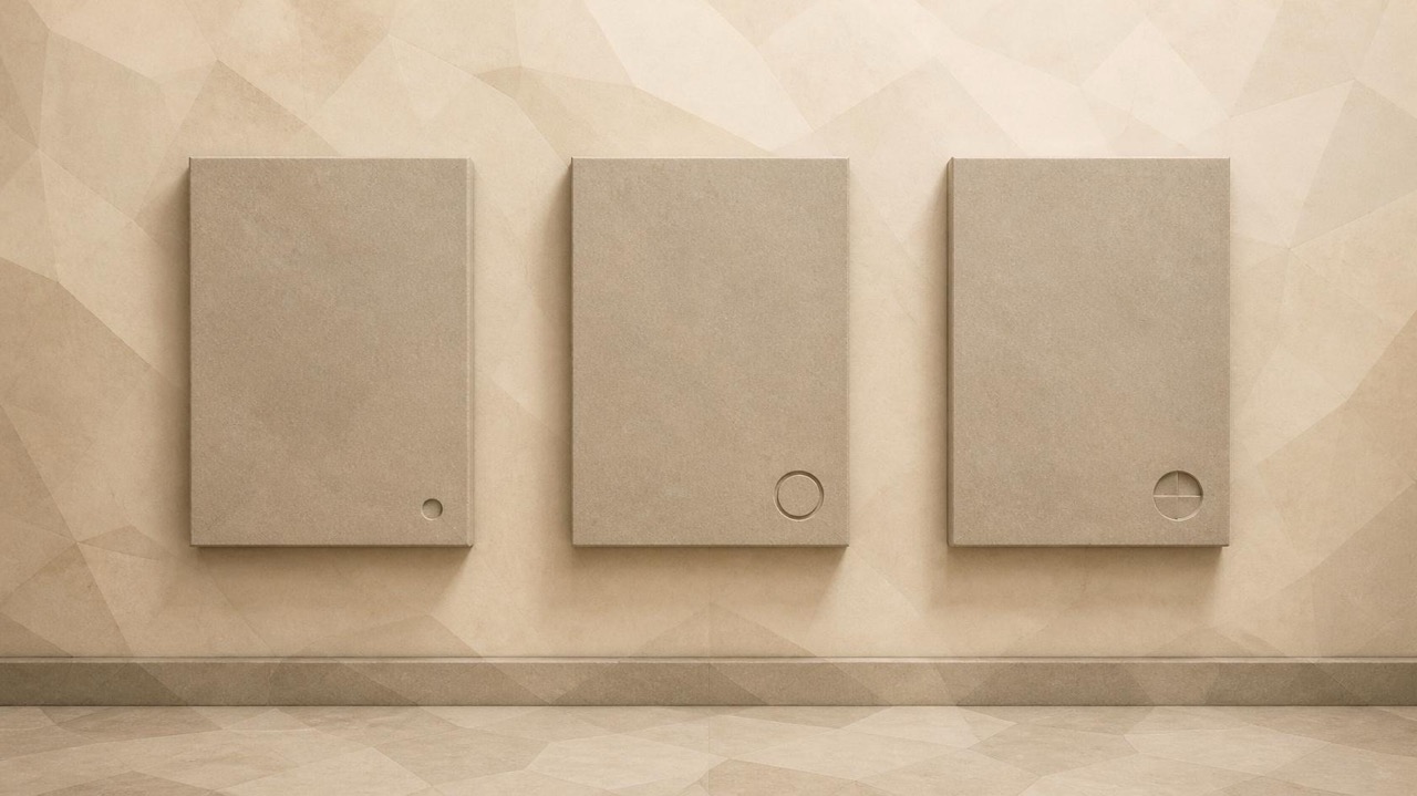 Ilustración en tonos papiro y grafito, de estética poligonal. Tres paneles de piedra iguales cuelgan en una pared, cada uno con una marca distinta en la esquina inferior: un punto, un círculo lleno y un círculo a medio llenar.