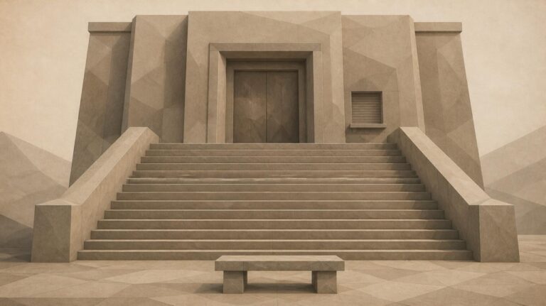 Ilustración en tonos papiro y grafito, de estética poligonal. Un edificio público de piedra con una pesada puerta cerrada al final de una escalera larga y empinada; al pie, un banco vacío; junto a la puerta, una ventanilla con la persiana bajada.
