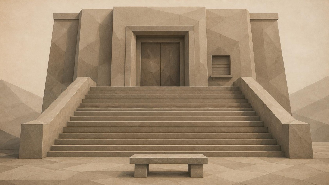 Ilustración en tonos papiro y grafito, de estética poligonal. Un edificio público de piedra con una pesada puerta cerrada al final de una escalera larga y empinada; al pie, un banco vacío; junto a la puerta, una ventanilla con la persiana bajada.