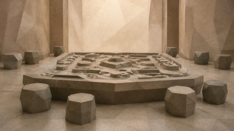 Ilustración en tonos papiro y grafito, de estética poligonal. Una sala de museo contiene una mesa con la maqueta de una exposición; algunos taburetes están cerca y otros apartados.