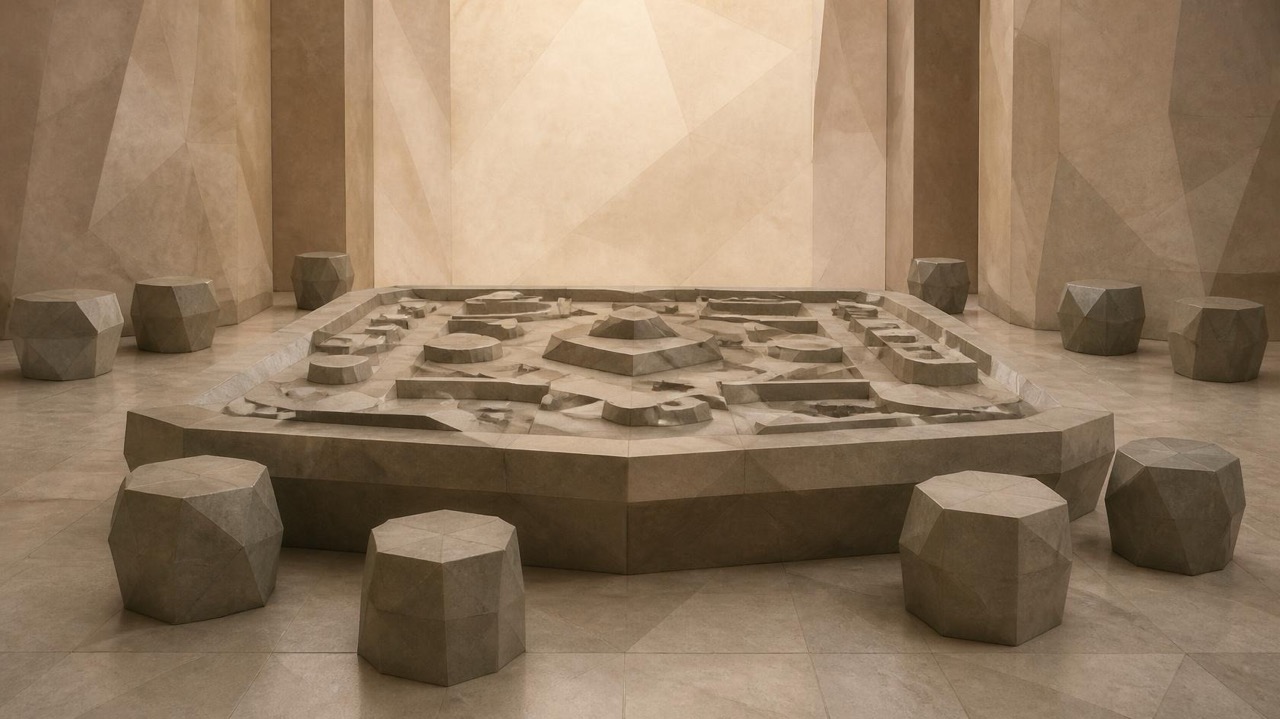 Ilustración en tonos papiro y grafito, de estética poligonal. Una sala de museo contiene una mesa con la maqueta de una exposición; algunos taburetes están cerca y otros apartados.