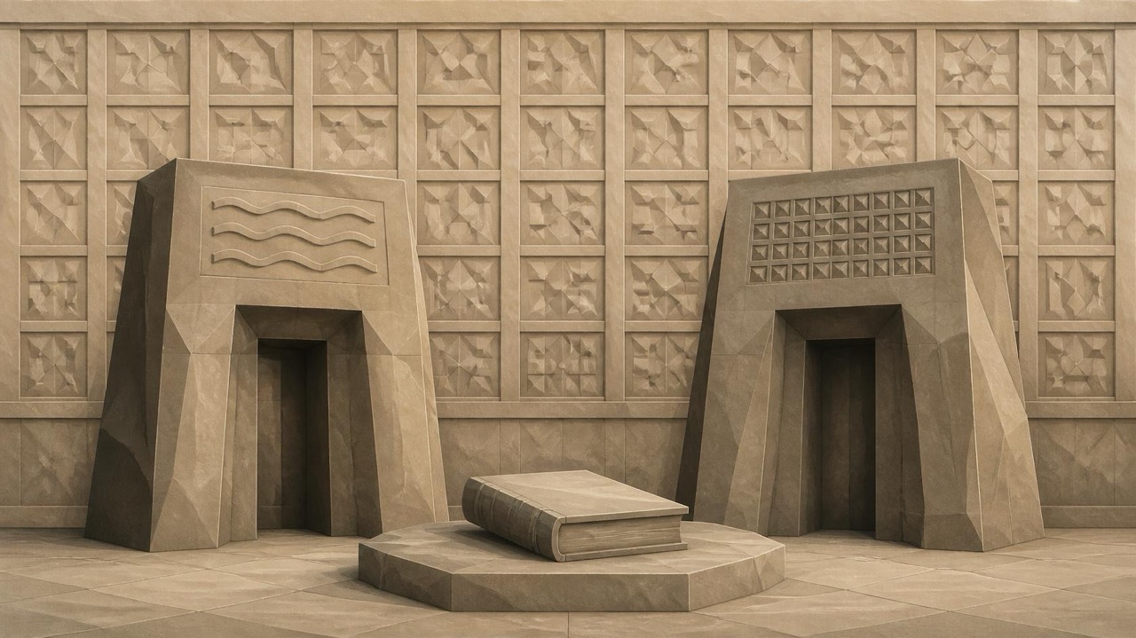 Ilustración en tonos papiro y grafito, de estética poligonal. Ante un gran muro de archivo con paneles de imágenes, dos cancelas: una con un relieve ondulado, como una inscripción, y otra con una cuadrícula precisa, como un código. Entre ambas, un pesado libro de piedra cerrado sobre una peana.