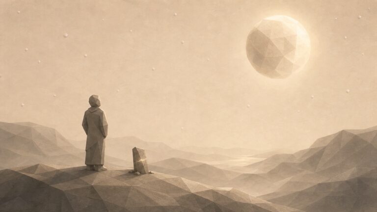 Ilustración monumental en tonos papiro cálido y grafito, con estética poligonal de piedra tallada, vista en perspectiva oblicua bajo un cielo nocturno, de ánimo tierno y sereno. Una pequeña figura antropomorfa de piedra está sola sobre una loma serena, de espaldas, mirando hacia arriba. En lo alto, una gran luna llena facetada y apacible sostiene toda la escena con su luz cálida y uniforme: entera, estable, sin quiebra, centro emocional de la imagen. Cerca de la figura, baja y pequeña, una esbelta losa vertical de piedra (un modesto hito tallado) se está reparando en silencio: una grieta fina la recorre y se va cerrando, casi curada, menor frente a la inmensidad del cielo iluminado por la luna. La figura no mira la losa: mira la luna. El tono es cálido, tierno y en paz.