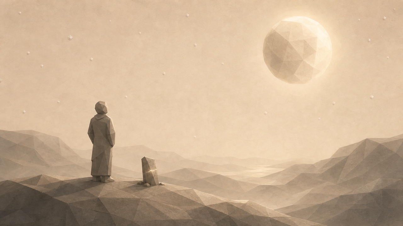 Ilustración de estilo poligonal en tonos beige y gris: una figura de pie y de espaldas sobre una colina, una piedra vertical pequeña a su lado y, en el cielo, una esfera facetada y estrellas pequeñas.