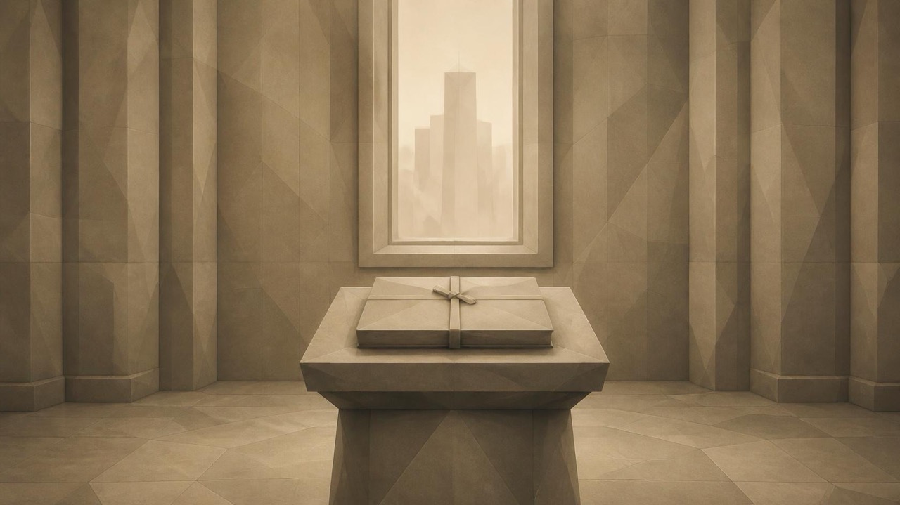 Ilustración en tonos papiro y grafito, de estética poligonal. Sobre cerrado con una cinta sobre un pedestal de piedra, en una sala geométrica iluminada por una ventana.