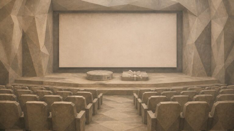 Ilustración en tonos papiro y grafito, de estética poligonal. Una sala de cine de piedra vacía frente a una pantalla en blanco; en el escenario, una lata de película cerrada junto a una carpeta sellada con una cinta, cubiertas de polvo.