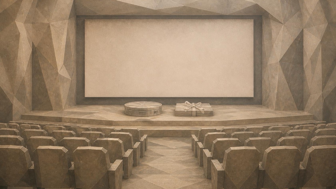 Ilustración en tonos papiro y grafito, de estética poligonal. Una sala de cine de piedra vacía frente a una pantalla en blanco; en el escenario, una lata de película cerrada junto a una carpeta sellada con una cinta, cubiertas de polvo.