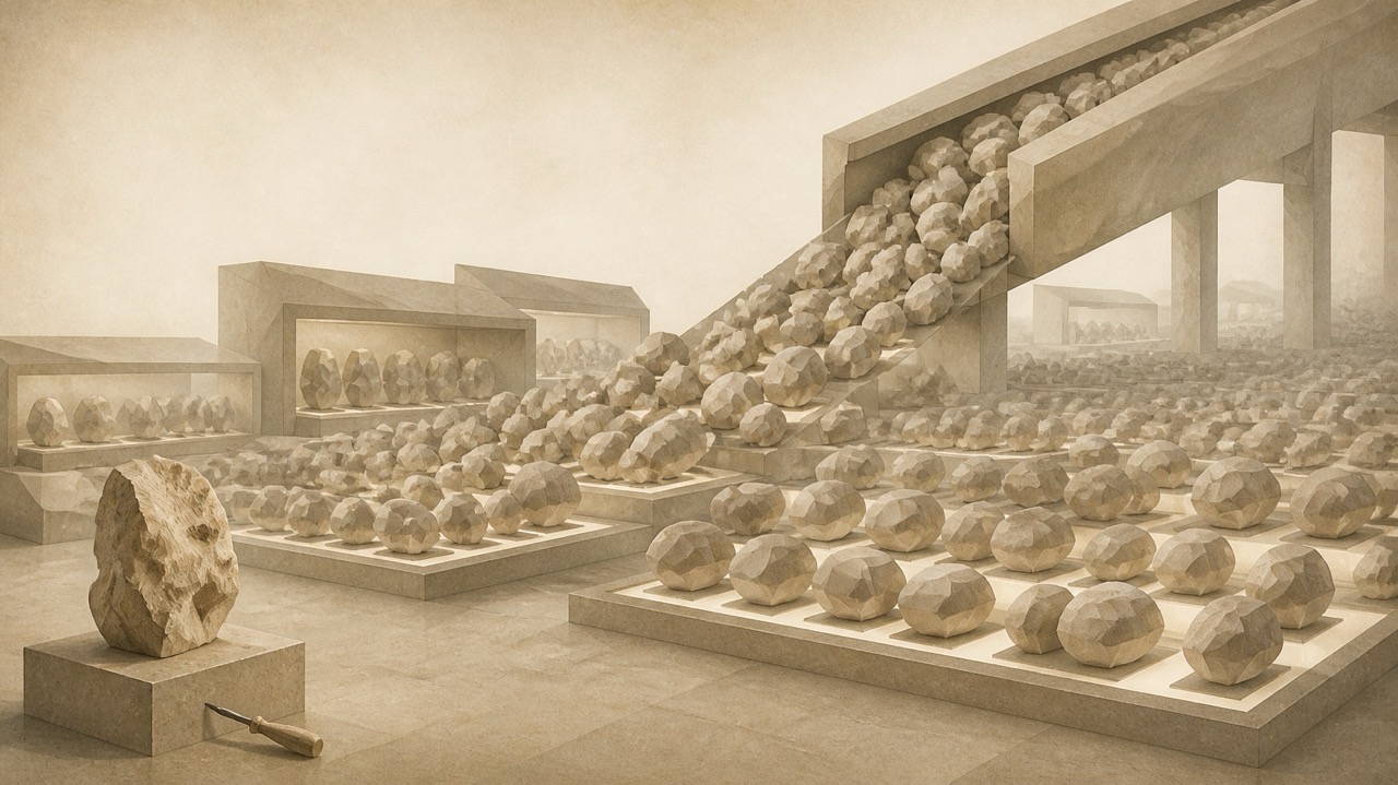Ilustración conceptual horizontal en tonos papiro cálido y grafito, con estética poligonal de piedra tallada y perspectiva oblicua. En la parte inferior izquierda, una obra pequeña, irregular y marcada por el trabajo manual ocupa un pedestal individual junto a una herramienta de talla. Desde la parte superior derecha, una gran estructura elevada vierte una sucesión continua de formas pétreas anónimas y casi idénticas. Las formas repetidas ocupan la mayoría de los pedestales, marcos y espacios de exhibición del paisaje, mientras la pieza tallada permanece aislada y parcialmente oculta en el borde. No aparece ninguna persona ni máquina antropomorfa. La diferencia visual procede de la escala: una creación singular comparte el mismo espacio de circulación y visibilidad con una producción sintética abundante y estandarizada.