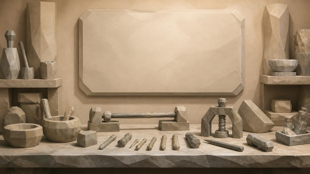 Ilustración en tonos papiro y grafito, de estética poligonal. En la sala de trabajo de un museo, una mesa larga con herramientas de piedra en uso; en la pared, una gran tablilla destinada a las normas permanece en blanco.