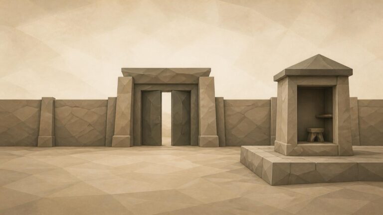 Ilustración en tonos papiro y grafito, de estética poligonal. Un largo muro de piedra con una puerta en el centro; junto a ella, sobre una plataforma, un pequeño puesto de observación con la ventana abierta hacia la puerta, casi vacío por dentro: un taburete y un estante sin nada.