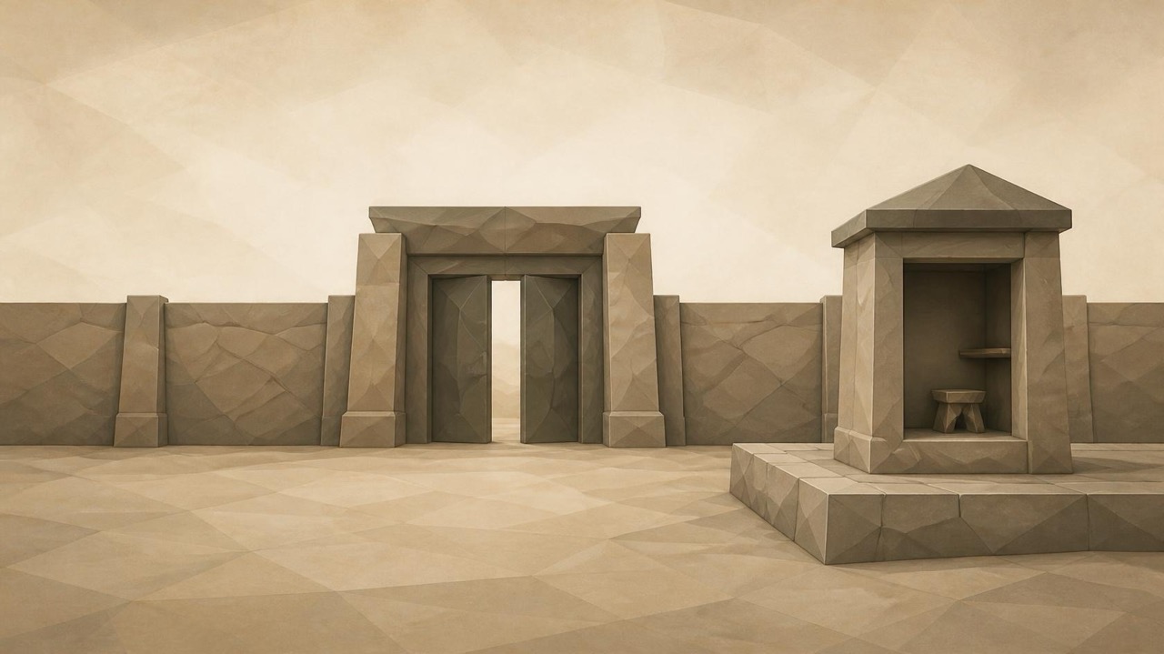 Ilustración en tonos papiro y grafito, de estética poligonal. Un largo muro de piedra con una puerta en el centro; junto a ella, sobre una plataforma, un pequeño puesto de observación con la ventana abierta hacia la puerta, casi vacío por dentro: un taburete y un estante sin nada.