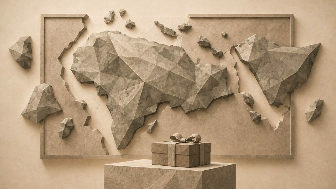 Ilustración en tonos papiro y grafito, de estética poligonal. Un gran mapa de piedra de un continente imaginario colgado en una sala, con fragmentos recortados y recolocados fuera del marco; delante, una peana con una cajita atada con una cinta, algo desplazada del centro.