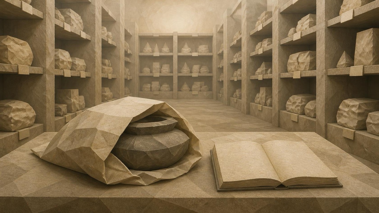 Ilustración poligonal en tonos arena de un almacén de museo con estantes llenos de piezas; en primer plano, sobre una mesa, una vasija de piedra a medio cubrir con un envoltorio de papel y un libro abierto.