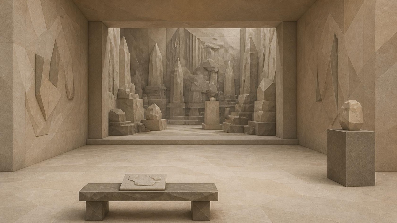 Ilustración en tonos papiro y grafito, de estética poligonal. Una sala de museo de piedra dividida en dos: al fondo, formas y pedestales apiñados; en primer plano, un espacio amplio y sereno con un banco, un único pedestal y una tablilla con un mapa sencillo.